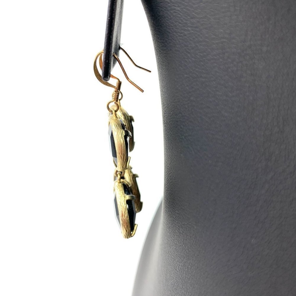 Dual Princess Cut Inset Stone Drop Earrings - Black/Gold 2" - Picture 4 of 6
